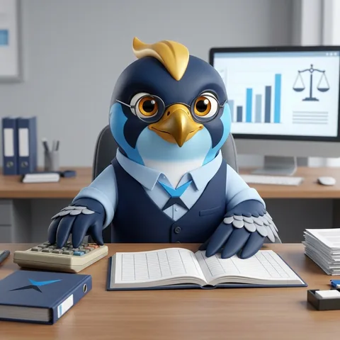 The falcon with glasses at a desk with a calculator and a ledger on screen