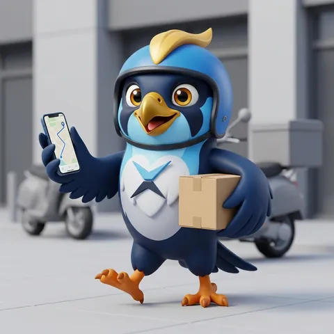 The falcon as a courier with a parcel and a route on his phone