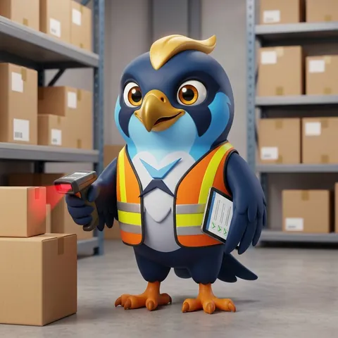 The falcon in a safety vest scanning a box in a warehouse
