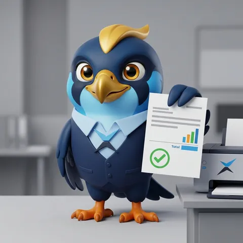 The falcon holding up a paid invoice beside a printer