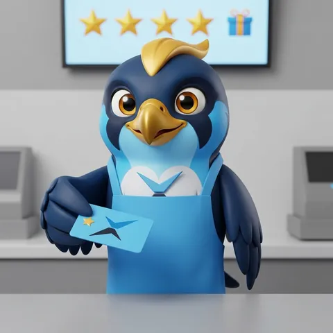 The falcon offering a loyalty card under a screen of gold stars